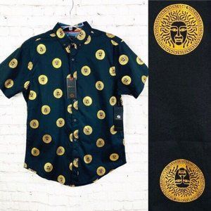 NEW DRILL GREEK MEDUSA GOLD Short Sleeve SLIM FIT Button Up Shirt Black XL NWT